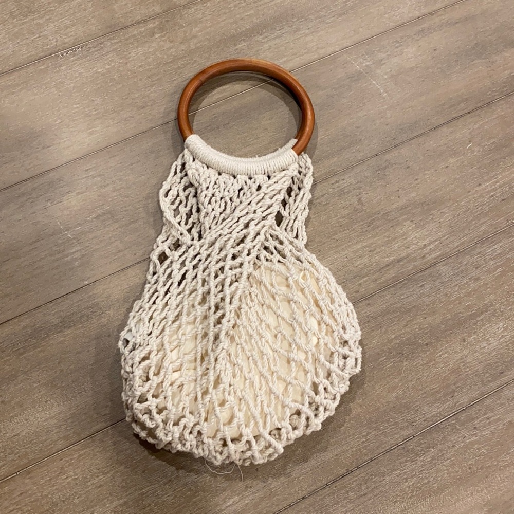 Cream Macramé Market Bag with Wooden Ring Handles